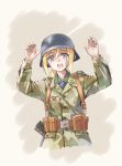  1girl ammunition_pouch belt belt_buckle blonde_hair blue_eyes buckle camouflage canteen commentary epaulettes hands_up helmet highres load_bearing_equipment longmei_er_de_tuzi luftwaffe military military_uniform open_mouth original ponytail pouch scared simple_background sketch soldier solo uniform upper_body world_war_ii 