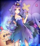 1girl :3 acerola_(pokemon) akira_(aky-la) arm_behind_back armlet artbook bare_arms blush closed_mouth collarbone dress drifblim elite_four eyelashes eyes_visible_through_hair facing_viewer flat_chest flipped_hair flower gem hair_flower hair_ornament highres holding holding_poke_ball looking_at_viewer palossand poke_ball pokemon pokemon_(creature) pokemon_(game) pokemon_sm purple purple_background purple_hair sableye sand sand_castle sand_sculpture short_hair shovel standing stitches tareme topknot torn_clothes torn_dress torn_sleeves trial_captain violet_eyes worktool 