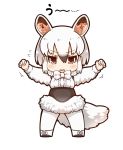  1girl animal_ears arms_up black_hair bow bowtie claw_pose clenched_hand dress frilled_dress frills gradient_hair kemono_friends long_sleeves looking_at_viewer multicolored_hair nervous open_mouth southern_tamandua_(kemono_friends) tamandua_ears tamandua_tail tanaka_kusao underbust white_hair 
