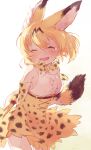  animal_ears arms_behind_back blonde_hair bow bowtie closed_eyes commentary_request cross-laced_clothes crying elbow_gloves gloves hideko_(l33l3b) high-waist_skirt highres kemono_friends serval_(kemono_friends) serval_ears serval_print serval_tail shirt short_hair skirt sleeveless sleeveless_shirt spoilers striped_tail tail tears wind wind_lift 