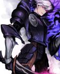  1boy armor blue_fire cowboy_shot fire from_below gauntlets holding holding_sword holding_weapon looking_at_viewer odin_sphere oswald parted_lips racoona side_glance solo standing sword violet_eyes weapon 