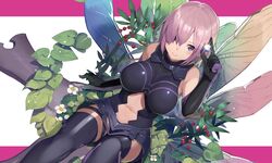  1girl armor armored_boots armored_dress bare_shoulders black_boots black_gloves black_legwear blush boots breasts closed_mouth dutch_angle elbow_gloves fate/grand_order fate_(series) flower food fruit gem glint gloves greaves hair_over_one_eye highres holding katsudansou large_breasts leaf looking_at_viewer navel navel_cutout one_eye_covered pink_background plant purple_hair saint_quartz shielder_(fate/grand_order) shiny shiny_hair short_hair simple_background sitting sleeveless smile solo stomach thigh-highs thigh_strap two-tone_background violet_eyes white_background white_flower 