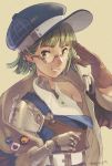  1girl badge button_badge cyborg glasses gloves green_eyes green_hair grin hat looking_at_viewer looking_to_the_side moryo original salute short_hair signature sketch smile solo 