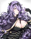  1girl absurdres armor between_breasts black_armor breasts camilla_(fire_emblem_if) capelet cleavage eyelashes fire_emblem fire_emblem_if hair_over_one_eye hand_to_head hand_up highres jackii large_breasts lips long_hair looking_at_viewer open_mouth parted_lips pink_lips purple_hair sidelocks solo tiara vambraces very_long_hair violet_eyes wavy_hair 