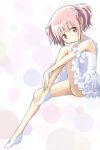  10s 1girl bangs bare_legs blush bracelet detached_sleeves dress frilled_dress frilled_sleeves frills from_side highres invisible_chair jewelry kaname_madoka kinfuji knee_up looking_at_viewer mahou_shoujo_madoka_magica pink_eyes pink_hair scrunchie shoes sitting smile solo twintails white_choker white_dress white_scrunchie white_shoes 