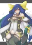  1girl absurdres akahuzi black_legwear black_panties blue_hair bow breasts cleavage commentary dizzy guilty_gear_x hair_bow highres large_breasts long_hair looking_at_viewer navel panties red_eyes solo tail tail_bow thigh-highs underwear yellow_bow 