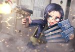  1girl bullet_hole casing_ejection dreadtie firing glasses green_eyes gun highres load_bearing_vest open_mouth original pleated_skirt purple_hair running school_uniform semi-rimless_glasses shelf shell_casing skirt solo sweatdrop teeth weapon 