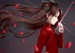  1girl blush brown_hair fate/stay_night fate_(series) gem grey_background hair_ribbon highres kyona_(konakona) long_hair open_mouth petals red_sweater ribbon shiny shiny_hair simple_background tohsaka_rin twintails 