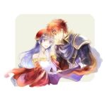  1boy 1girl armor bare_shoulders blue_eyes blue_hair breasts cape choker couple dress earrings elbow_gloves fire_emblem fire_emblem:_fuuin_no_tsurugi gloves grey_background hand_holding hat headband hetero jewelry kuzumosu lilina long_hair open_mouth profile redhead roy_(fire_emblem) short_hair simple_background smile upper_body white_gloves 