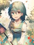  1girl :d blue_eyes blue_hair blush bodice commentary happy heterochromia juliet_sleeves long_sleeves looking_at_viewer open_mouth peach_camellia petals puffy_sleeves red_eyes skirt smile solo tatara_kogasa touhou umbrella 