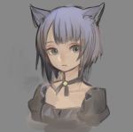  1girl ama-tou animal_ears bangs black_clothes bolo_tie cat_ears collarbone eyelashes green_eyes grey_background grey_hair looking_to_the_side original personification portrait puffy_short_sleeves puffy_sleeves sad shiny shiny_clothes short_hair short_sleeves sketch slit_pupils solo swept_bangs tsurime 