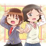  2girls akasaki_chinatsu angry black_eyes black_hair brown_eyes brown_hair crossover female_focus hobunsha j.c._staff joshi_kousei_no_mudazukai kadokawa_shoten kill_me_baby looking_at_viewer makura_shinsetsu necktie one_eye_closed open_mouth oribe_yasuna passione_(studio) school_uniform seiyuu_connection short_hair tanaka_nozomu tbs tiny_pupils tokyo_mx tomboy trait_connection wink 