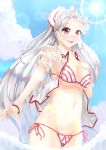  1girl absurdres amatou3 bikini blush bow breasts cleavage fujiwara_no_mokou hair_bow highres large_breasts long_hair red_eyes see-through shirt side-tie_bikini silver_hair smile solo swimsuit touhou very_long_hair wet wet_clothes wet_shirt 