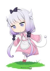  1girl artist_name black_hairband dragon_girl dragon_horns eyebrows_visible_through_hair full_body gradient_hair grass hairband highres horns kanna_kamui kobayashi-san_chi_no_maidragon multicolored_hair paavuchi purple_hair simple_background slit_pupils solo standing tail violet_eyes white_background white_legwear 