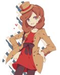 1girl blue_eyes blush_stickers brown_hair catriel_layton drop_shadow fang hairband hands_on_hips hat heart highres layton_mystery_journey long_hair mini_hat mini_top_hat professor_layton smile solo top_hat 