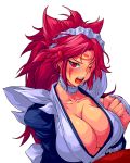  1girl baiken blush breasts choker cleavage collarbone cosplay embarrassed facial_mark frilled_choker frills guilty_gear hair_ornament highres iroha_(samurai_spirits) iroha_(samurai_spirits)_(cosplay) japanese_clothes juliet_sleeves large_breasts long_hair long_sleeves looking_at_viewer maid maid_headdress messy_hair one-eyed open_mouth ponytail puffy_sleeves red_eyes redhead scar scar_across_eye sidelocks solo sweat upper_body white_background yoshitsuki 