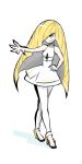  1girl asymmetrical_bangs bangs bare_arms bare_shoulders blonde_hair blunt_bangs breasts clefable collarbone diamond_(shape) dress empty_eyes full_body gem green_eyes grin hair_over_one_eye hand_on_hip head_tilt high_heels highres leggings legs_crossed long_hair lusamine_(pokemon) mature nyoronde open_mouth open_toe_shoes outstretched_arm outstretched_hand pokemon pokemon_(game) pokemon_sm see-through shoes short_dress simple_background sleeveless sleeveless_dress small_breasts smile solo standing tsurime turtleneck two-tone_legwear very_long_hair watson_cross white_background white_dress 