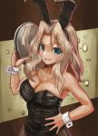  1girl abazu-red animal_ears bare_shoulders blonde_hair blue_eyes breasts bunnysuit cleavage girls_und_panzer grin hair_intakes hand_on_hip kay_(girls_und_panzer) long_hair looking_at_viewer medium_breasts rabbit_ears smile solo twitter_username upper_body wrist_cuffs 