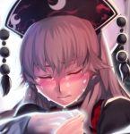  1girl bangs blush brown_hair closed_eyes closed_mouth crescent crying hand_holding hat junko_(touhou) kaiza_(rider000) long_hair solo_focus spirit tears touhou upper_body 