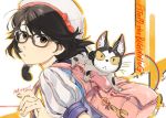  1girl atom:_the_beginning backpack bag black_hair brown_eyes cat copyright_name glasses hat kaisen looking_at_viewer ochanomizu_ran official_art puffy_short_sleeves puffy_sleeves short_hair short_sleeves solo tetsuwan_atom upper_body 