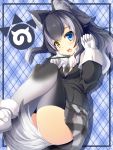  1girl animal_ears black_hair blue_eyes blush breasts fur_collar gloves grey_wolf_(kemono_friends) heterochromia highres kemono_friends liya long_hair long_sleeves looking_at_viewer lying multicolored_hair necktie on_back open_mouth pencil skirt small_breasts solo tail two-tone_hair wolf_ears wolf_tail yellow_eyes 