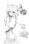  2girls blush bow chibi_inset colored_pencil_(medium) dress ex-keine face from_side fujiwara_no_mokou greyscale hair_bow hair_ornament hair_ribbon highres horn_ribbon horns kamishirasawa_keine long_hair looking_at_viewer looking_to_the_side monochrome multiple_girls open_mouth oshake puffy_sleeves ribbon short_sleeves simple_background smile text touhou traditional_media white_background 