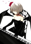  1girl absurdres alternate_costume alternate_hair_color bare_shoulders bat_wings black_dress black_gloves chair choker closed_eyes dress fami_(yellow_skies) flower gloves grey_hair hair_flower hair_ornament highres instrument music no_hat no_headwear parted_lips petals piano playing_instrument playing_piano remilia_scarlet ribbon short_hair simple_background sitting smile solo strapless strapless_dress touhou white_background wings 