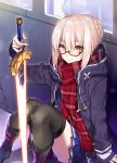  1girl ahoge arm_support black_legwear blonde_hair braid casual checkered_scarf constricted_pupils expressionless fate/grand_order fate_(series) glasses glowing glowing_sword glowing_weapon heroine_x heroine_x_(alter) holding holding_weapon hood hooded_track_jacket indoors jacket looking_at_viewer red_scarf saber scarf semi-rimless_glasses shirako_miso skirt solo sword thigh-highs thighs track_jacket weapon window yellow_eyes 