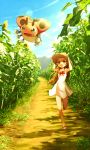  1girl :d armpits arms_up bare_arms bare_legs bare_shoulders bow bowtie brown_eyes brown_hair brown_hat clouds collarbone commentary_request day dress error field flower flower_field full_body green_eyes gym_leader hat holding holding_hat ledyba lens_flare light_rays long_hair mikan_(pokemon) no_legwear no_socks one_leg_raised open_mouth path plant pokemon pokemon_(creature) pokemon_(game) pokemon_hgss red_bow red_bowtie revision ribero road running sandals shadow sleeveless sleeveless_dress smile summer sun_hat sundress sunflora sunflower sunlight wrong_feet younger 