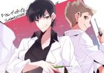  2boys atom:_the_beginning back-to-back big_nose black_eyes black_hair brown_eyes brown_hair copyright_name labcoat looking_at_viewer male_focus multiple_boys ochanomizu_hiroshi official_art screwdriver short_hair smile tenma_umatarou tetsuwan_atom umiko_(munemiu) upper_body 