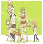  6+girls :o _ul age_progression annoyed blonde_hair blue_eyes boots bow carrot child crop_top detached_sleeves green_background green_eyes green_hair gumi hair_bow hair_ornament hairclip hand_holding headphones headset highres kagamine_rin leg_warmers looking_down looking_up midriff multiple_girls multiple_persona pigeon-toed ruffled_skirt sailor_collar shaded_face short_hair shorts sidelocks sitting_on_shoulder smile stuffed_carrot stuffed_toy vocaloid wrist_cuffs younger 