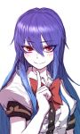 1girl arm_at_side blue_hair blush buttons center_frills closed_mouth collared_shirt commentary_request eyebrows_visible_through_hair eyes_visible_through_hair gradient_hair hair_between_eyes hinanawi_tenshi index_finger_raised long_hair looking_at_viewer miata_(miata8674) multicolored_hair no_headwear puffy_short_sleeves puffy_sleeves purple_hair red_eyes shirt short_sleeves simple_background sketch smile solo straight_hair touhou tsurime upper_body white_background white_shirt white_skin wing_collar 