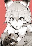  1girl animal_ears blazer bonkara_(sokuseki_maou) bow commentary_request ezo_red_fox_(kemono_friends) fox_ears fur_trim gloves hair_between_eyes highres jacket kemono_friends long_hair looking_at_viewer necktie open_mouth red_background solo surprised upper_body 