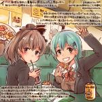  2boys 2girls arm_up blue_eyes brown_hair brown_jacket brown_sweater buttons can cardigan colored_pencil_(medium) commentary_request dated drinking drinking_straw food green_eyes green_hair grin hair_between_eyes hair_ornament hairclip hamburger holding holding_food kantai_collection kirisawa_juuzou kumano_(kantai_collection) long_hair long_sleeves multiple_boys multiple_girls neck_ribbon numbered ponytail red_ribbon remodel_(kantai_collection) ribbon school_uniform shirt smile spoon suzuya_(kantai_collection) traditional_media translation_request twitter_username v white_shirt 