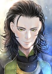  1boy alexa_pasztor artist_name black_hair green_eyes hair_slicked_back jacket light_particles loki_(marvel) male_focus marvel portrait smile solo 