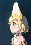  1girl absurdres animal_ears blonde_hair bow bowtie commentary_request crying crying_with_eyes_open elbow_gloves from_side gloves highres kemono_friends looking_to_the_side parted_lips serval_(kemono_friends) serval_ears serval_print shijie_jianfa shirt short_hair sleeveless sleeveless_shirt solo spoilers streaming_tears tail tears upper_body yellow_eyes 