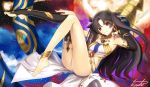  1girl anklet armlet ass asymmetrical_legwear asymmetrical_sleeves bare_shoulders black_hair bridal_gauntlets earrings elbow_gloves fate/grand_order fate_(series) gloves hair_ribbon heavenly_boat_maanna highres hoop_earrings ishtar_(fate/grand_order) jewelry kauto light_smile long_hair looking_at_viewer neck_ring pelvic_curtain red_eyes ribbon signature single_elbow_glove single_thighhigh thigh-highs thighs toeless_legwear tohsaka_rin two_side_up 