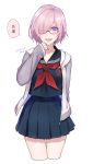  1girl black_serafuku black_skirt fate/grand_order fate_(series) hair_over_one_eye highres looking_at_viewer orii_(orii_i) pink_hair school_uniform serafuku shielder_(fate/grand_order) short_hair simple_background skirt smile solo speech_bubble translated violet_eyes white_background 