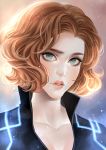  1girl alexa_pasztor aqua_eyes artist_name backlighting black_widow_(marvel) breasts brown_hair cleavage collarbone lips looking_at_viewer marvel medium_breasts natasha_romanoff parted_lips solo upper_body watermark 