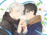  2boys black_hair blue-framed_eyewear blue_eyes blush brown_eyes daisy eunram flower glasses hair_over_one_eye hand_holding interlocked_fingers jewelry katsuki_yuuri male_focus multiple_boys ribbon ring silver_hair smile viktor_nikiforov yuri!!!_on_ice 