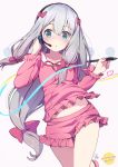  1girl azumi_akitake blue_eyes blush bow breasts collarbone commentary_request copyright_name cowboy_shot eromanga_sensei hair_bow hair_ribbon headphones izumi_sagiri long_hair looking_at_viewer microphone open_mouth pencil pink_shirt pink_shorts ribbon shirt shorts silver_hair small_breasts standing standing_on_one_leg white_background 