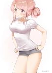  1girl artist_name blush boxer_briefs breasts collarbone dated erect_nipples eyebrows_visible_through_hair hair_bun hand_on_hip kaisen_chuui looking_to_the_side medium_breasts original pink_eyes pink_hair shirt shirt_pull short_shorts shorts solo standing t-shirt taut_clothes taut_shirt white_background white_shirt 