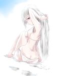  1girl barefoot bikini kowiru long_hair looking_back original red_eyes silver_hair sitting solo swimsuit wet 