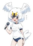  1girl alternate_costume black_hair blonde_hair blush buruma feathered_wings gym_uniform kadoko kemono_friends microphone multicolored_hair open_mouth short_hair solo tundra_swan_(kemono_friends) white_background wings 