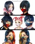  2boys 5girls black_eyes black_hair brown_eyes china_dress chinese_clothes dress face_mask glasses hat highres knite long_hair looking_at_viewer mask multicolored_hair multiple_boys multiple_girls short_hair simple_background two-tone_hair upper_body wenqing_yan 