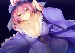  1girl black_background blush breasts cleavage eyebrows_visible_through_hair hat large_breasts looking_at_viewer myumi pink_eyes pink_hair saigyouji_yuyuko short_hair smile solo touhou triangular_headpiece 