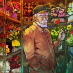  1boy alice_to_zouroku baseball_cap beard bouquet brown_jacket facial_hair flower green_hat hand_in_pocket hat holding holding_flower jacket kashimura_zouroku looking_at_viewer male_focus mustache old_man solo tofu_(pixiv10770344) white_hair 