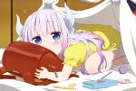  2girls absurdres all_fours artist_request backpack bag barefoot blue_eyes blush body_blush child feet gloves gradient_hair highres horns indoors kanna_kamui kobayashi-san_chi_no_maidragon lavender_hair multicolored_hair multiple_girls object_hug official_art on_bed out_of_frame pencil randoseru scan solo_focus tail tooru_(maidragon) tucking_in white_gloves 