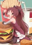  10s 1girl absurdres black_bow black_legwear blush boots bow cheese chicken_nuggets commentary cup detached_sleeves drink drinking_cup drinking_straw eating fang food french_fries green_background hair_bow hamburger head_tilt highres lettuce long_hair long_sleeves mahou_shoujo_madoka_magica okayparium open_mouth pocky ponytail red_boots redhead sakura_kyouko soda solo thigh-highs tomato yellow_eyes 