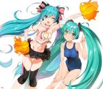  2girls ;d aqua_eyes aqua_hair arm_up armpits bare_arms bare_legs bare_shoulders black_skirt blue_swimsuit breasts collarbone detached_collar detached_sleeves dual_persona eyebrows_visible_through_hair green_eyes green_hair groin hair_ribbon hand_on_hip hand_on_own_knee hatsune_miku leaning_forward long_hair looking_at_viewer medium_breasts midriff multiple_girls navel necktie one-piece_swimsuit one_eye_closed open_mouth pink_necktie pom_poms ribbon simple_background skirt smile swimsuit thigh_gap twintails v very_long_hair vocaloid white_background yang-do 